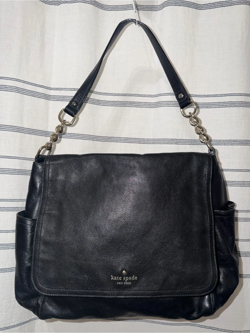 Kate Spade Black Pebbled Leather Flap Shoulder Bag Gold Chain S363 Polka Dot